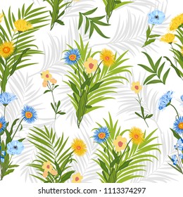 Seamless pattern tropical leaves of palm tree and flowers. Vector background.