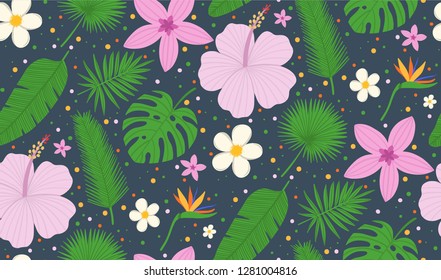 Seamless pattern tropical leaves of palm tree and flowers. Vector background. Exotic plants. Summer vector background.