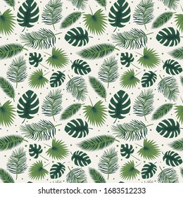 Seamless pattern with tropical leaves, palm trees and monstera. flat style. Botanical pattern with green leaves on a light background. Color vector illustration. for textiles, wrapping paper