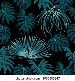 Seamless pattern with tropical leaves of palm tree. Jungle vector background.