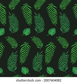 Nahtlose Muster mit tropischen Blättern: Palmen und Monstera. Schwarzer Hintergrund.
