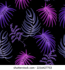 Seamless pattern with tropical leaves of palm tree on black background. Botany vector background, jungle wallpaper.