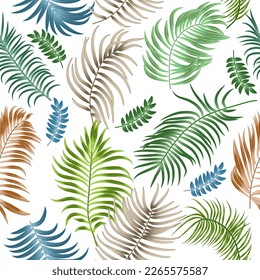 Seamless pattern with tropical leaves of palm tree on white background. Botany vector background, jungle wallpaper.