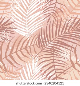 Seamless pattern of tropical leaves of palm tree, Arecaceae leaf and brush shape. Exotic collection of plant and grunge texture. Hand drawn vector illustration for wallpaper, wrapping paper, fabric