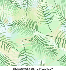 Seamless pattern of tropical leaves of palm tree, Arecaceae leaf and brush shape. Exotic collection of plant and grunge texture. Hand drawn vector illustration for wallpaper, wrapping paper, fabric