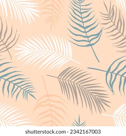Seamless pattern of tropical leaves of palm tree, Arecaceae leaf. Exotic collection of silhouette plant. Hand drawn botanical vector illustration for greeting card, wallpaper, wrapping paper, fabric