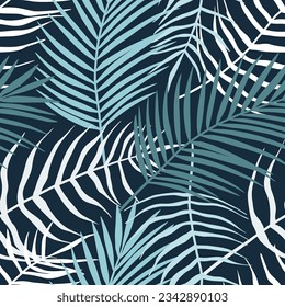 Seamless pattern of tropical leaves of palm tree, Arecaceae leaf. Exotic collection of silhouette plant. Hand drawn botanical vector illustration for greeting card, wallpaper, wrapping paper, fabric