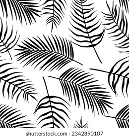 Seamless pattern of tropical leaves of palm tree, Arecaceae leaf. Exotic collection of silhouette plant. Hand drawn botanical vector illustration for greeting card, wallpaper, wrapping paper, fabric