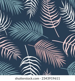 Seamless pattern of tropical leaves of palm tree, Arecaceae leaf. Exotic collection of silhouette plant. Hand drawn botanical vector illustration for greeting card, wallpaper, wrapping paper, fabric