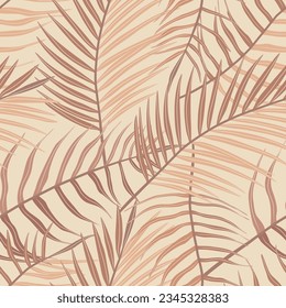 Seamless pattern of tropical leaves of palm tree, Arecaceae leaf. Exotic boho collection of earth tone colors plant. Hand drawn botanical vector illustration for wallpaper, wrapping paper, fabric