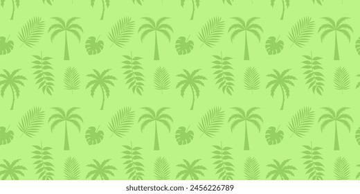 Seamless pattern with tropical Leaves, palm tree. Vector illustration. green background.