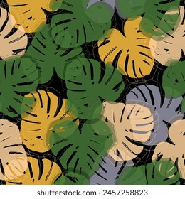 seamless pattern with tropical leaves of palm, monstera, banana, eucalyptus.  watercolor drawing.