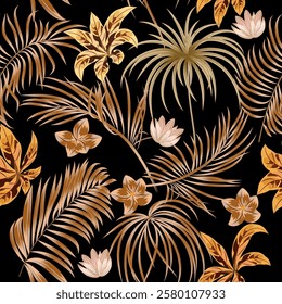 Seamless pattern with tropical leaves of palm tree on black background. Botany vector background, jungle wallpaper.