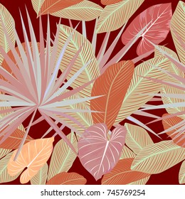Seamless pattern of tropical leaves of palm tree. Vector background.