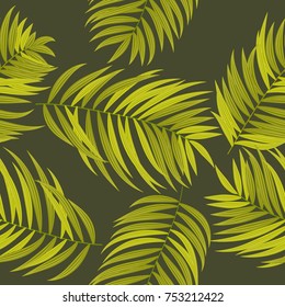 Seamless pattern of tropical leaves of palm tree. Vector background.