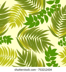 Seamless pattern of tropical leaves of palm tree. Vector background.