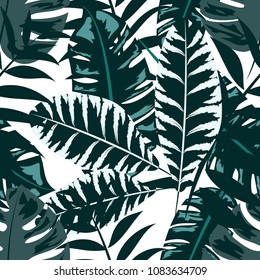 Seamless pattern with tropical leaves: palms, monstera, passion fruit. Swimwear botanical design. Vector.