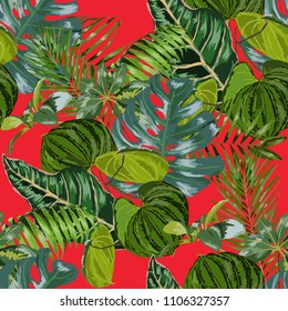 Seamless pattern with tropical leaves: palms, monstera, passion fruit. Beautiful allover print with hand drawn exotic plants. Swimwear botanical design. Vector.
