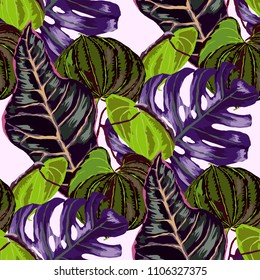 Seamless pattern with tropical leaves: palms, monstera, passion fruit. Beautiful allover print with hand drawn exotic plants. Swimwear botanical design. Vector.
