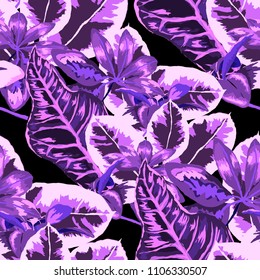 Seamless pattern with tropical leaves: palms, monstera, passion fruit. Beautiful allover print with hand drawn exotic plants. Swimwear botanical design. Vector.
