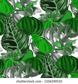 Seamless pattern with tropical leaves: palms, monstera, passion fruit. Beautiful allover print with hand drawn exotic plants. Swimwear botanical design. Vector.
