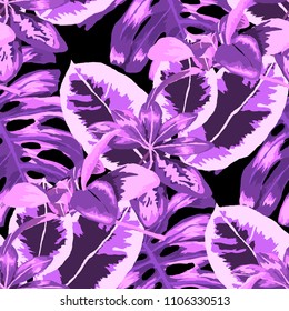 Seamless pattern with tropical leaves: palms, monstera, passion fruit. Beautiful allover print with hand drawn exotic plants. Swimwear botanical design. Vector.
