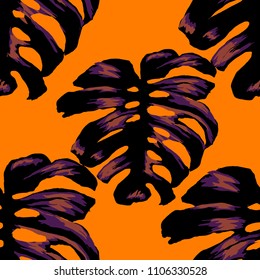 Seamless pattern with tropical leaves: palms, monstera, passion fruit. Beautiful allover print with hand drawn exotic plants. Swimwear botanical design. Vector.

