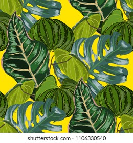 Seamless pattern with tropical leaves: palms, monstera, passion fruit. Beautiful allover print with hand drawn exotic plants. Swimwear botanical design. Vector.
