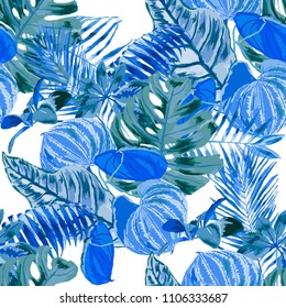Seamless pattern with tropical leaves: palms, monstera, passion fruit. Beautiful allover print with hand drawn exotic plants. Swimwear botanical design. Vector.
