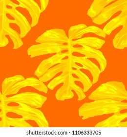 Seamless pattern with tropical leaves: palms, monstera, passion fruit. Beautiful allover print with hand drawn exotic plants. Swimwear botanical design. Vector.
