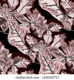 Seamless pattern with tropical leaves: palms, monstera, passion fruit. Beautiful allover print with hand drawn exotic plants. Swimwear botanical design. Vector.
