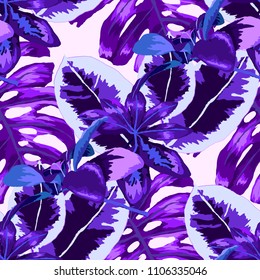 Seamless pattern with tropical leaves: palms, monstera, passion fruit. Beautiful allover print with hand drawn exotic plants. Swimwear botanical design. Vector.
