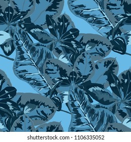 Seamless pattern with tropical leaves: palms, monstera, passion fruit. Beautiful allover print with hand drawn exotic plants. Swimwear botanical design. Vector.
