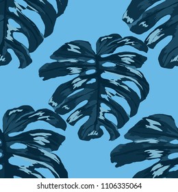 Seamless pattern with tropical leaves: palms, monstera, passion fruit. Beautiful allover print with hand drawn exotic plants. Swimwear botanical design. Vector.
