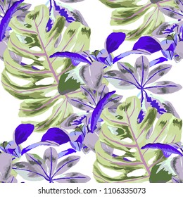 Seamless pattern with tropical leaves: palms, monstera, passion fruit. Beautiful allover print with hand drawn exotic plants. Swimwear botanical design. Vector.
