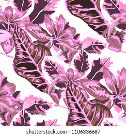 Seamless pattern with tropical leaves: palms, monstera, passion fruit. Beautiful allover print with hand drawn exotic plants. Swimwear botanical design. Vector.
