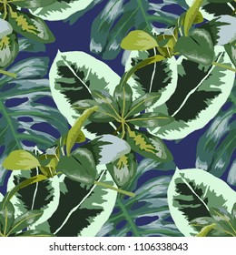 Seamless pattern with tropical leaves: palms, monstera, passion fruit. Beautiful allover print with hand drawn exotic plants. Swimwear botanical design. Vector.
