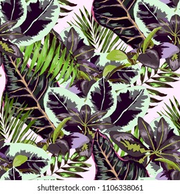 Seamless pattern with tropical leaves: palms, monstera, passion fruit. Beautiful allover print with hand drawn exotic plants. Swimwear botanical design. Vector.
