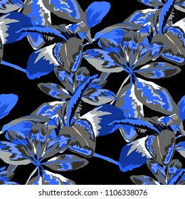 Seamless pattern with tropical leaves: palms, monstera, passion fruit. Beautiful allover print with hand drawn exotic plants. Swimwear botanical design. Vector.
