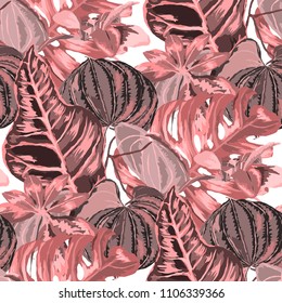 Seamless pattern with tropical leaves: palms, monstera, passion fruit. Beautiful allover print with hand drawn exotic plants. Swimwear botanical design. Vector.
