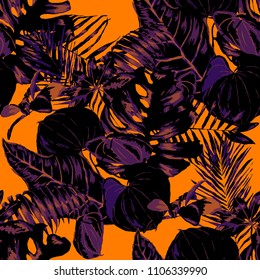 Seamless pattern with tropical leaves: palms, monstera, passion fruit. Beautiful allover print with hand drawn exotic plants. Swimwear botanical design. Vector.
