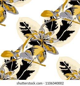 Seamless pattern with tropical leaves: palms, monstera, passion fruit. Beautiful allover print with hand drawn exotic plants. Swimwear botanical design. Vector.
