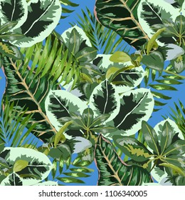 Seamless pattern with tropical leaves: palms, monstera, passion fruit. Beautiful allover print with hand drawn exotic plants. Swimwear botanical design. Vector.
