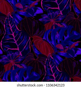 Seamless pattern with tropical leaves: palms, monstera, passion fruit. Beautiful allover print with hand drawn exotic plants. Swimwear botanical design. Vector.
