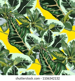 Seamless pattern with tropical leaves: palms, monstera, passion fruit. Beautiful allover print with hand drawn exotic plants. Swimwear botanical design. Vector.
