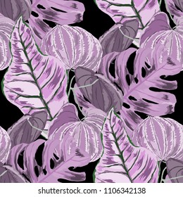 Seamless pattern with tropical leaves: palms, monstera, passion fruit. Beautiful allover print with hand drawn exotic plants. Swimwear botanical design. Vector.
