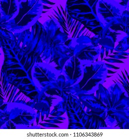 Seamless pattern with tropical leaves: palms, monstera, passion fruit. Beautiful allover print with hand drawn exotic plants. Swimwear botanical design. Vector.
