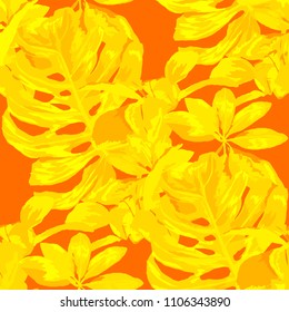 Seamless pattern with tropical leaves: palms, monstera, passion fruit. Beautiful allover print with hand drawn exotic plants. Swimwear botanical design. Vector.
