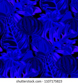 Seamless pattern with tropical leaves: palms, monstera, passion fruit. Beautiful allover print with hand drawn exotic plants. Swimwear botanical design. Vector.
