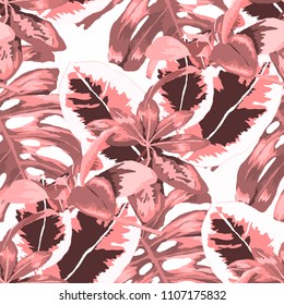 Seamless pattern with tropical leaves: palms, monstera, passion fruit. Beautiful allover print with hand drawn exotic plants. Swimwear botanical design. Vector.
